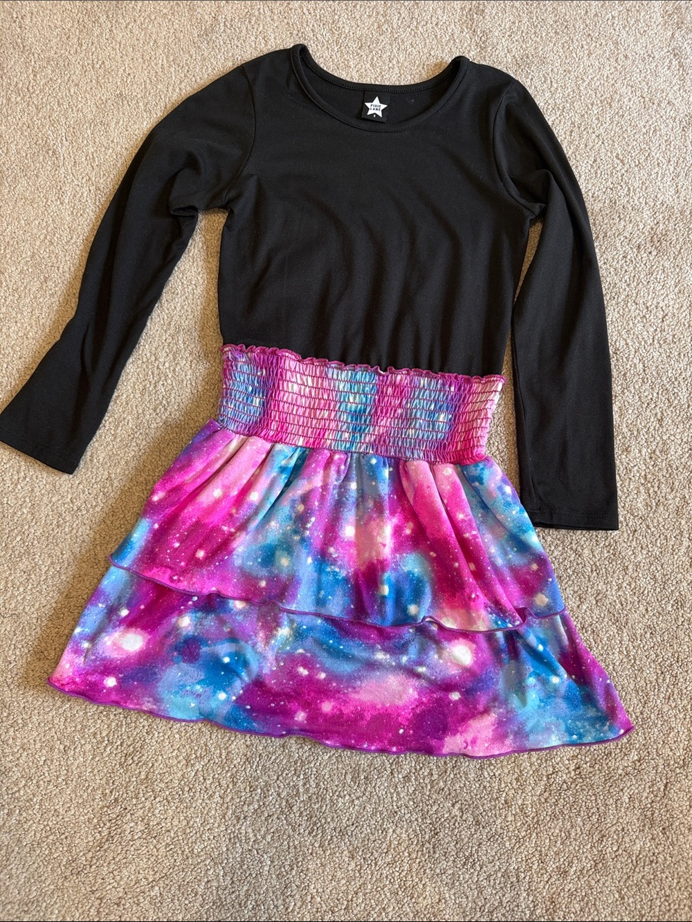 Girls Black Long-Sleeve Dress with Pink & Blue Galaxy Skirt